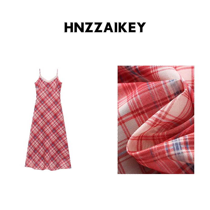 HNZZAIKEY 法式风情红色格纹蕾丝拼接V领吊带连衣裙 SN7471