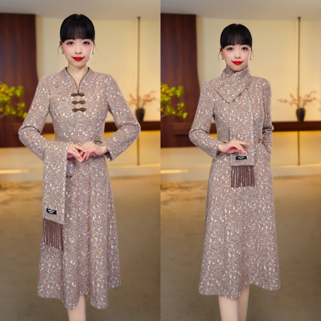 冬季新款加厚新中式旗袍连衣裙气质减龄妈妈装优雅显洋气中式裙子