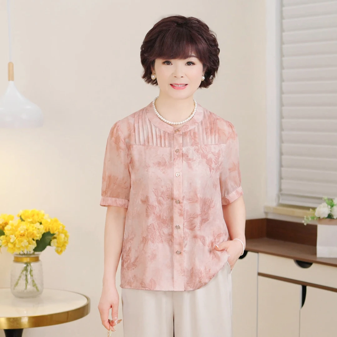 中年妈妈装夏季2025新款洋气短袖中老年圆领印花大码衬衣套装