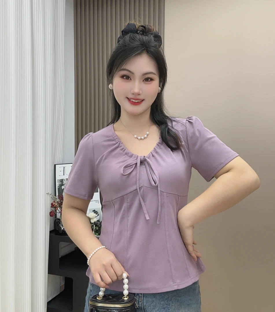 2025夏季新款胖mm高级感方领短袖T恤女鱼骨设计遮肉洋气上衣