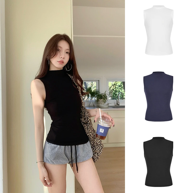 Moses Queen/魔西女王美式半高领无袖背心女夏高级感紧身打底上衣