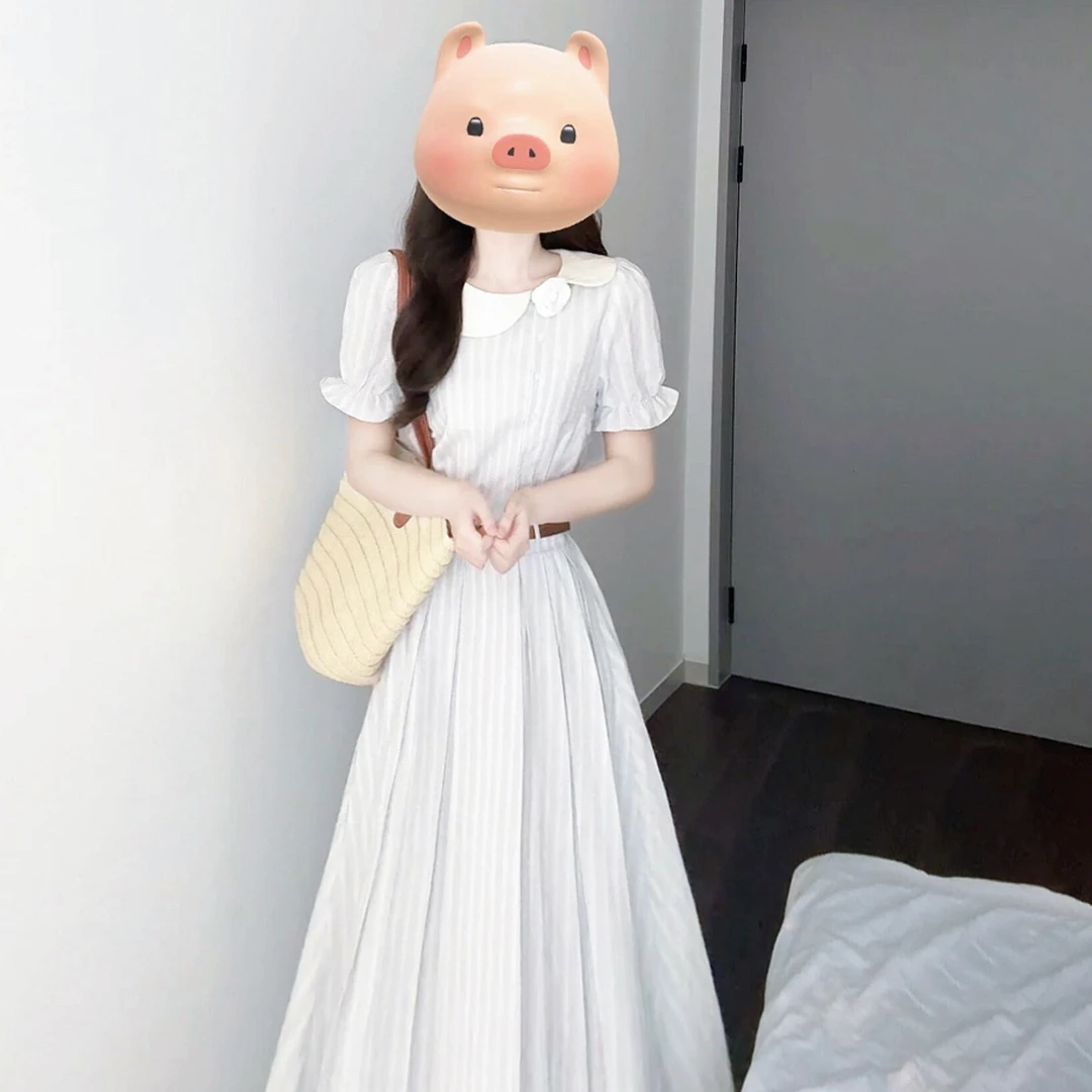 法式蓝色条纹娃娃领连衣裙子女夏季2025年新款小个子收腰气质长裙