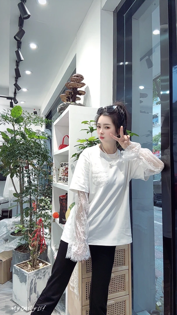 030912#戴戴休闲宽松百搭蕾丝长袖白T