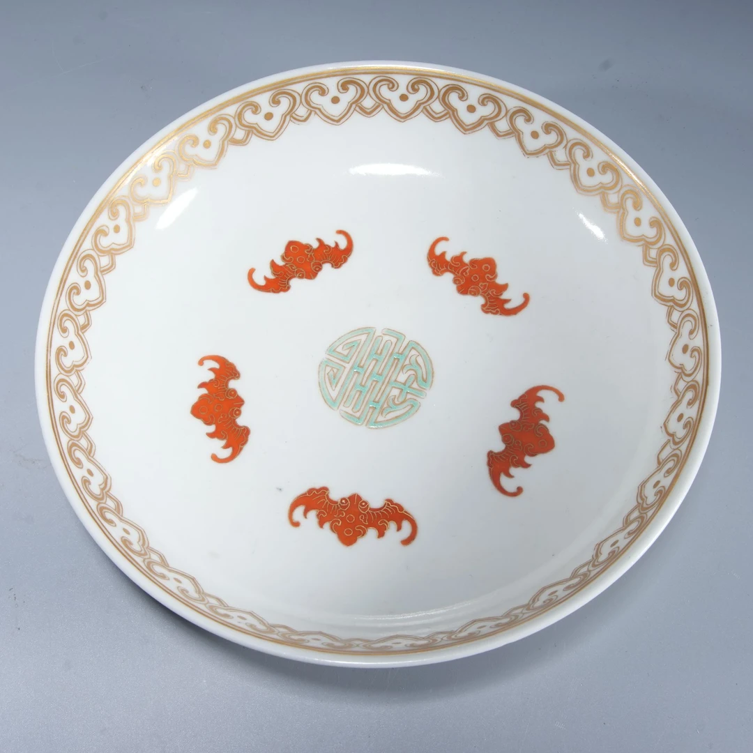 h554/清道光 慎德堂款粉彩花卉纹五福捧寿盘（官）【华豫之门甄选】