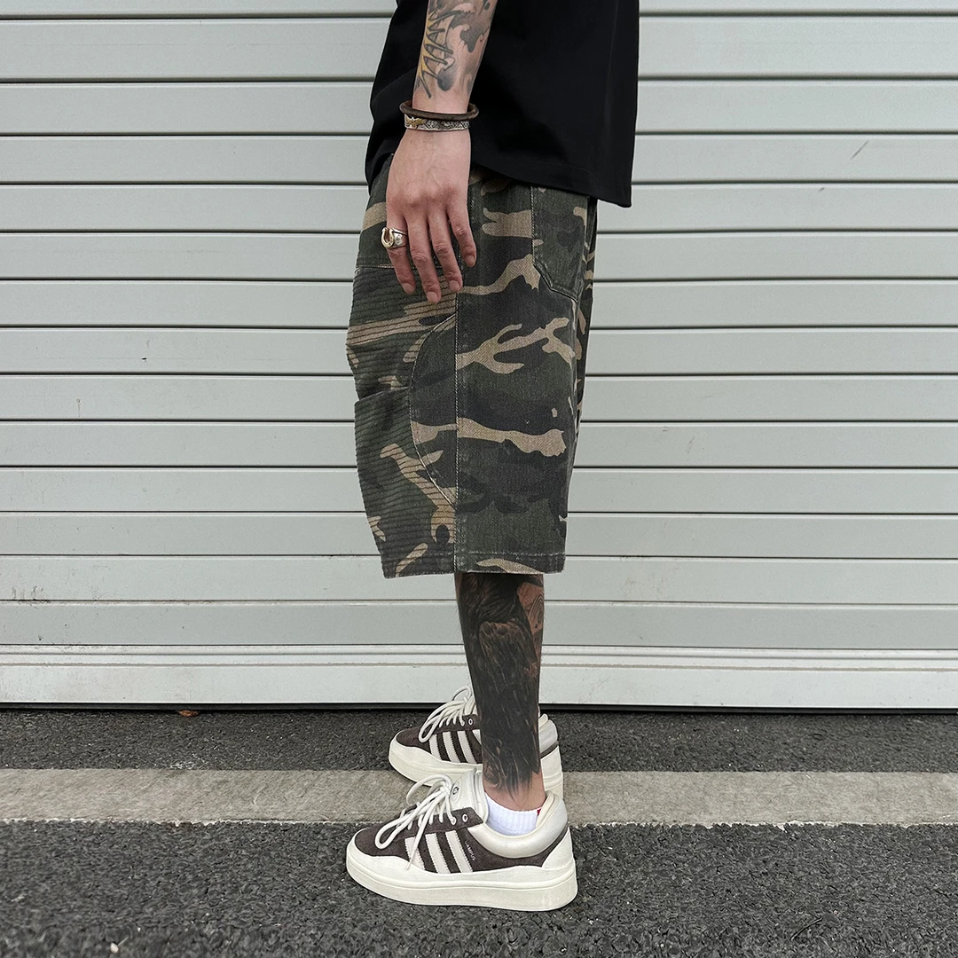 【UNAPS】夏季vintage复古双膝刺绣迷彩工装短裤男女宽松直筒五分裤