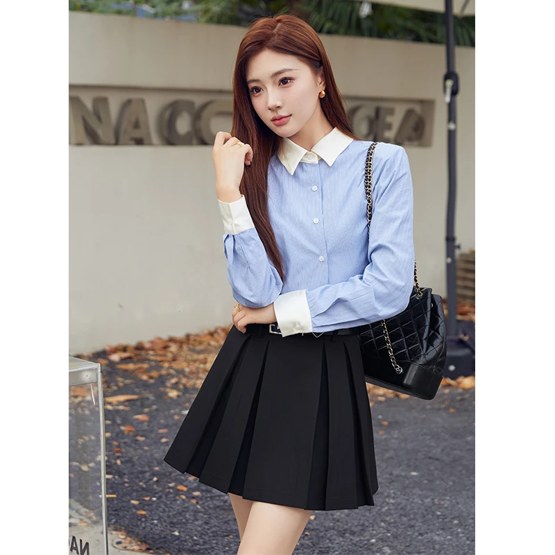 EICON SPACE春夏女士法式条纹英伦衬衫/短款半裙