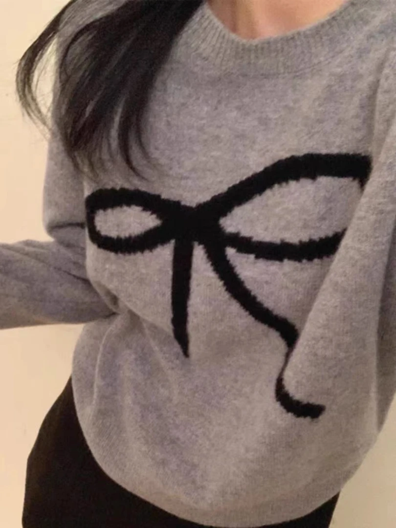 073 韩版套头圆领蝴蝶结针织衫女冬季新款长袖慵懒风别致