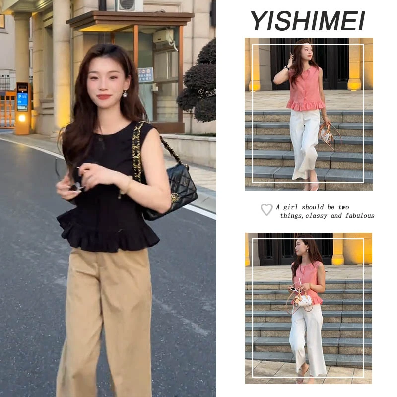 夏季温柔穿搭2025新款韩系时尚百搭无袖减龄上衣休闲阔腿裤套装