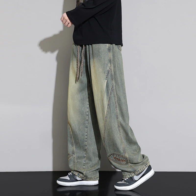 大码牛仔裤胖男学生直筒裤秋冬新款加绒阔腿长裤加肥加大复古百搭