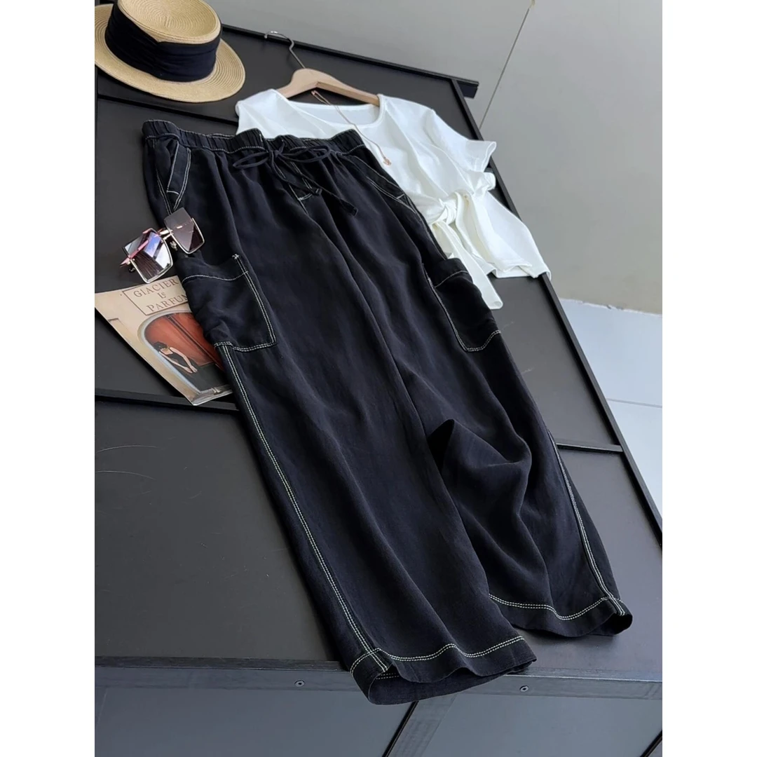 美国单 54美 夏季莱赛尔亚麻宽松直筒休闲裤工装长裤女