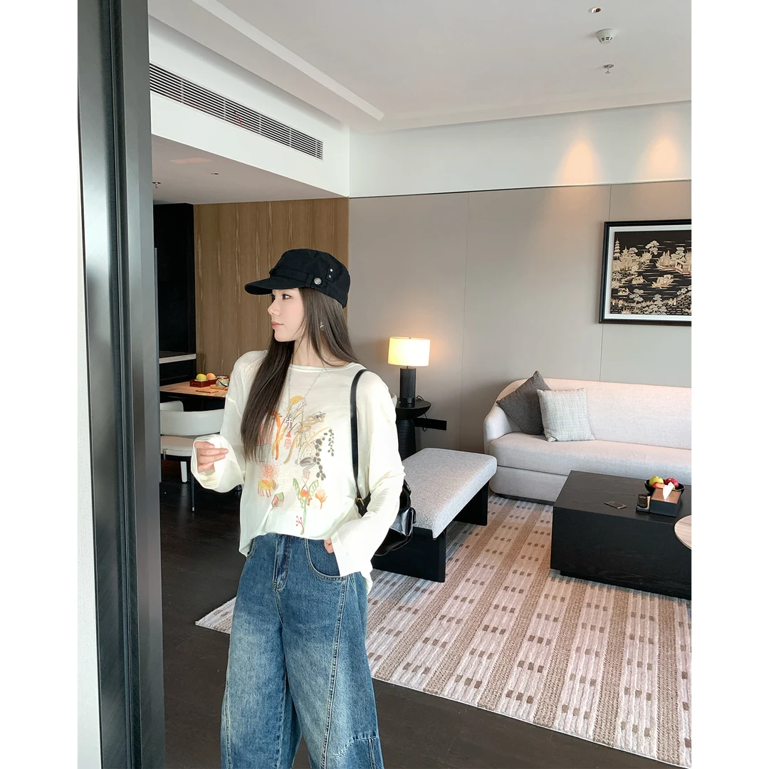 本希benxe /松弛主义 印花透气圆领防晒长袖T恤罩衫