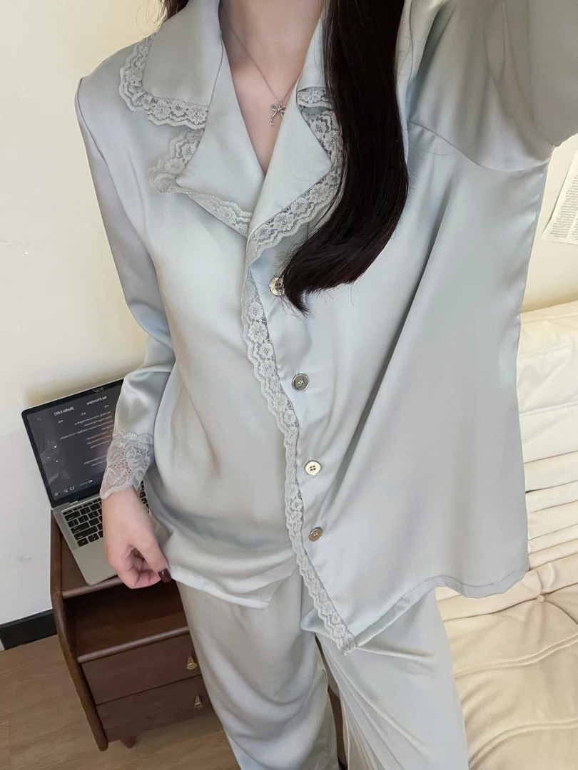 【DMXJ大梦想家】 蕾丝边冰丝睡衣女春秋2025款长袖长裤家居服套装