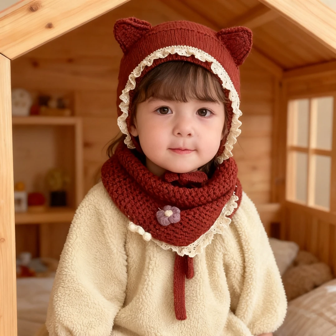 单边猫咪花边940手工毛线帽冬款