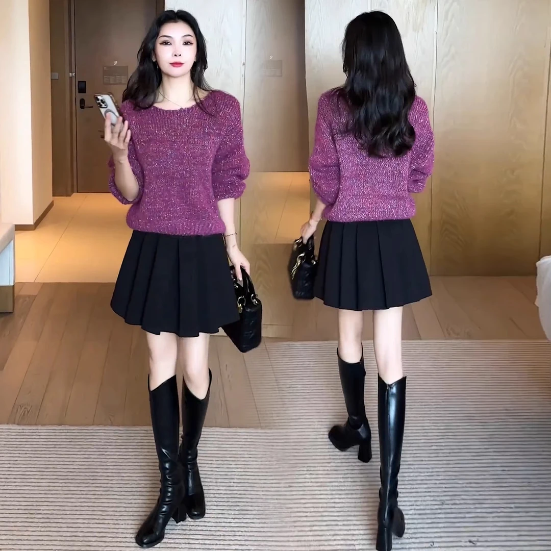 时尚气质圆领针织毛衣女2025秋冬新款洋气宽松显瘦小个子百搭上衣