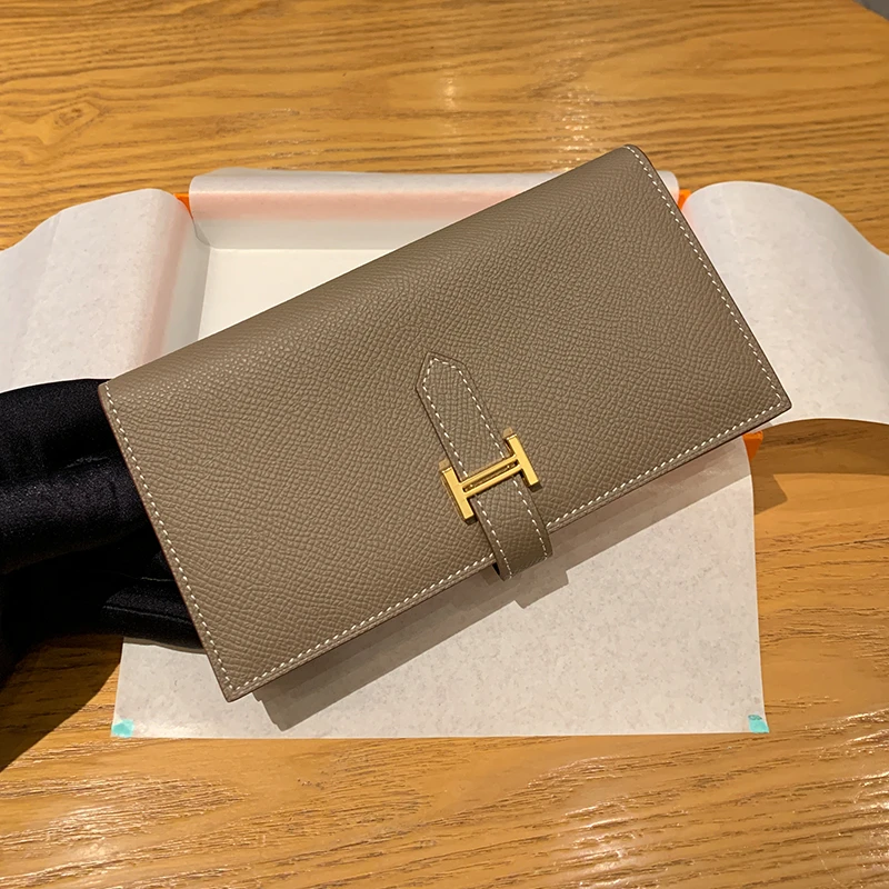 H家钱包女长款真皮男士钱夹H扣抽带高品质EP头层牛皮两折零钱皮夹