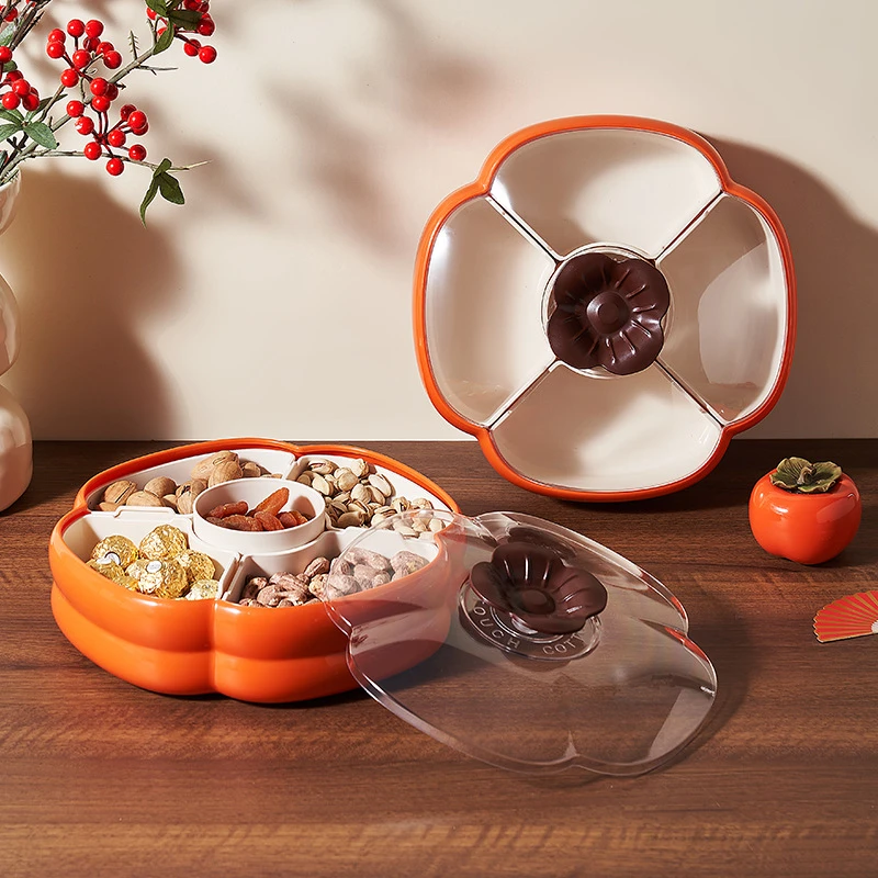 荞芬柿柿如意果盘家用大容量四分格带盖糖果盒坚果盒加厚零食盒