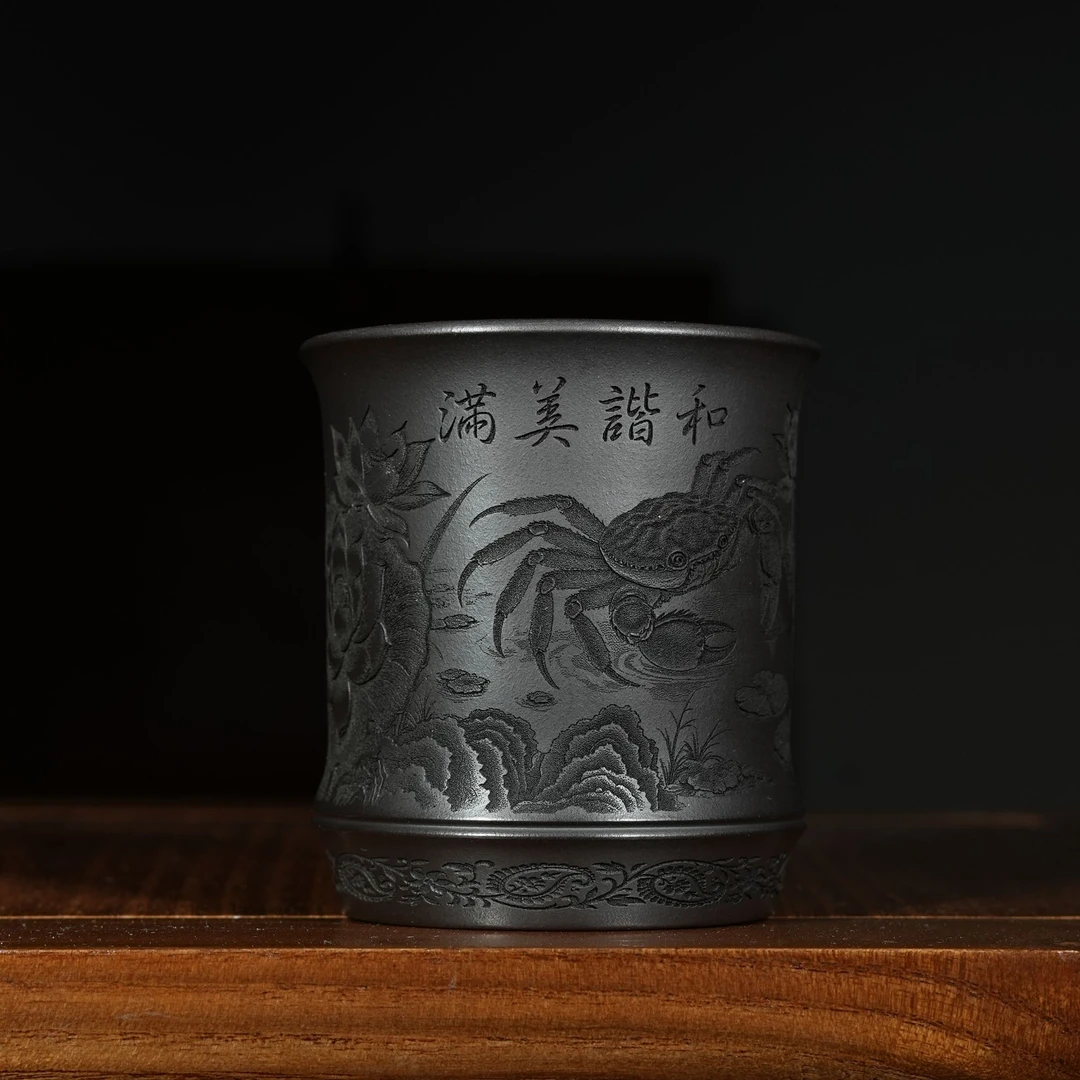 宜兴原矿石黄刻绘和谐美满紫砂手工主人杯容量180CC