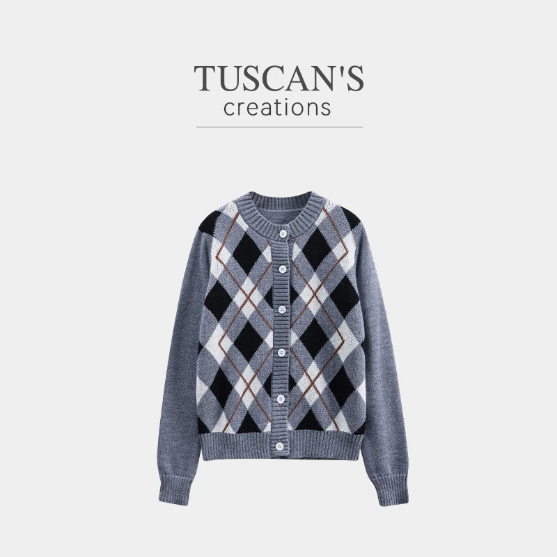TUSCAN'S CREATIONS宽松羊毛风花式纱针织开衫复古菱形格时尚女