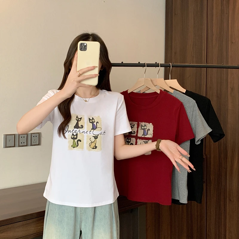 大码胖mm休闲风猫咪印花圆领正肩上衣女夏季胖mm宽松显瘦百搭短袖