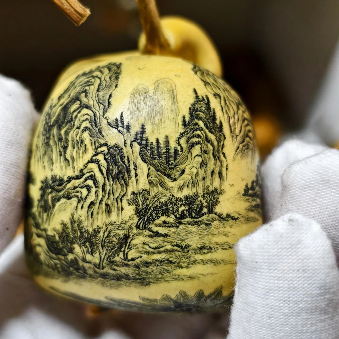 雅青阁葫芦钱袋异性葫芦写意山水手工针刺微雕墨刻针刻文玩把玩葫