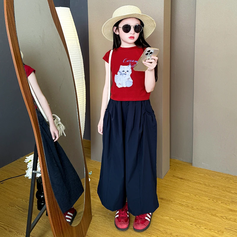 女童2025夏季新款洋气时髦镂空后背猫咪短袖t恤速干阔腿裤两件套