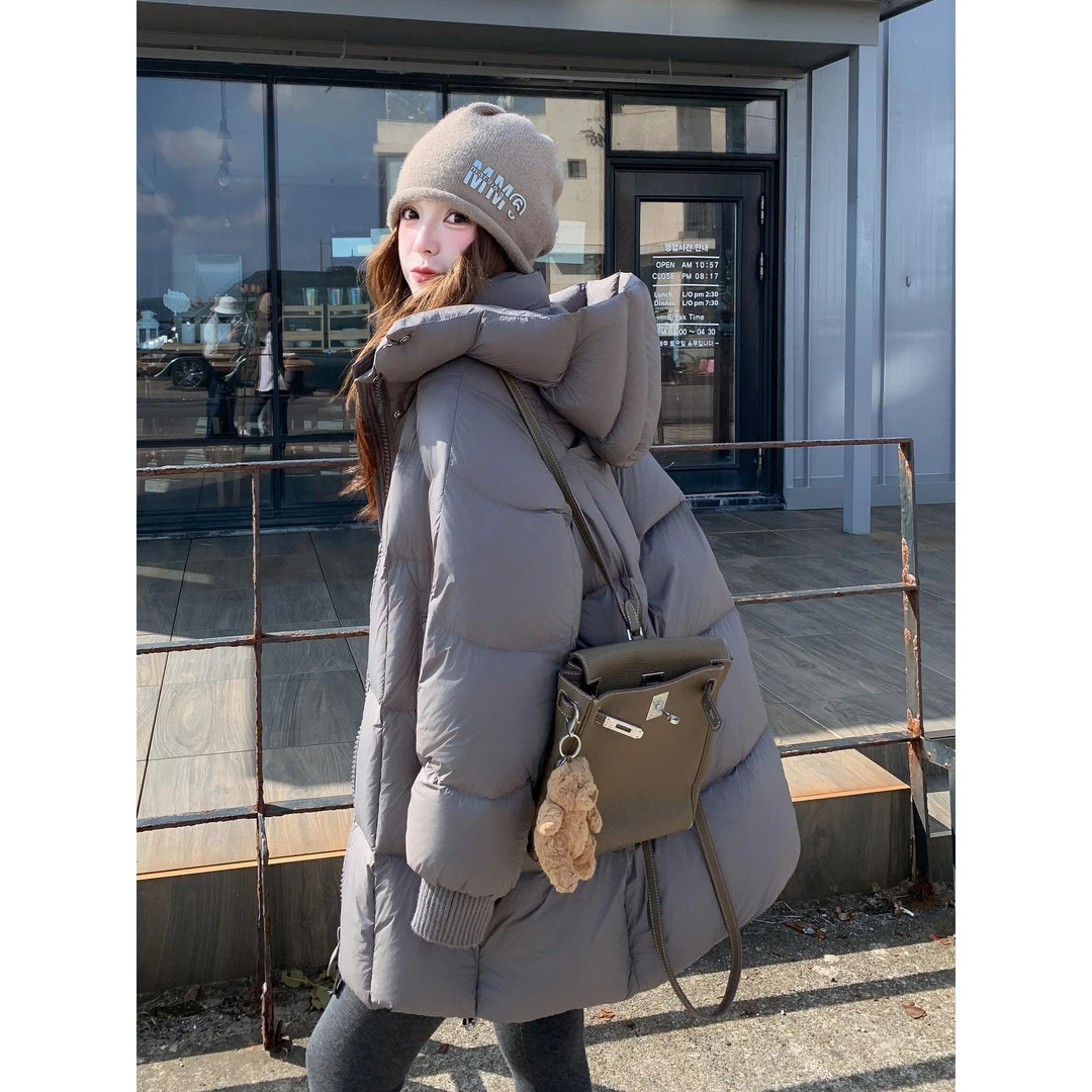灰色羽绒服女中长款小个子加厚泡芙冬2025新款洋气连帽白鸭绒外套