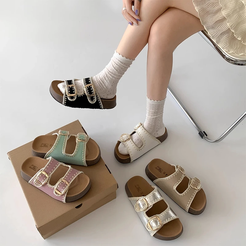 小众复古白色一字厚底拖鞋女2025年新款夏季外穿法式防滑勃肯凉拖