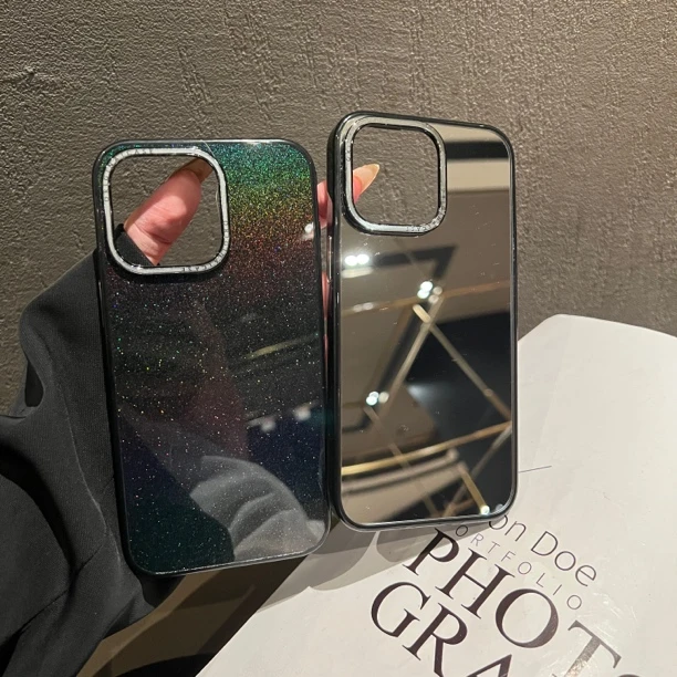 ins高级感防摔镜面壳适用苹果16ProMax手机壳简约轻奢黑色闪粉壳