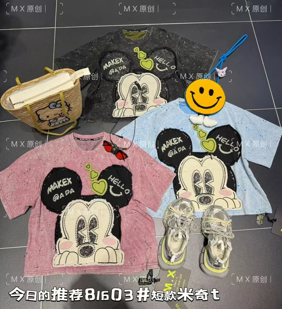2025夏季重工贴布刺绣卡通米奇短袖T恤女宽松休闲百搭半袖上衣潮