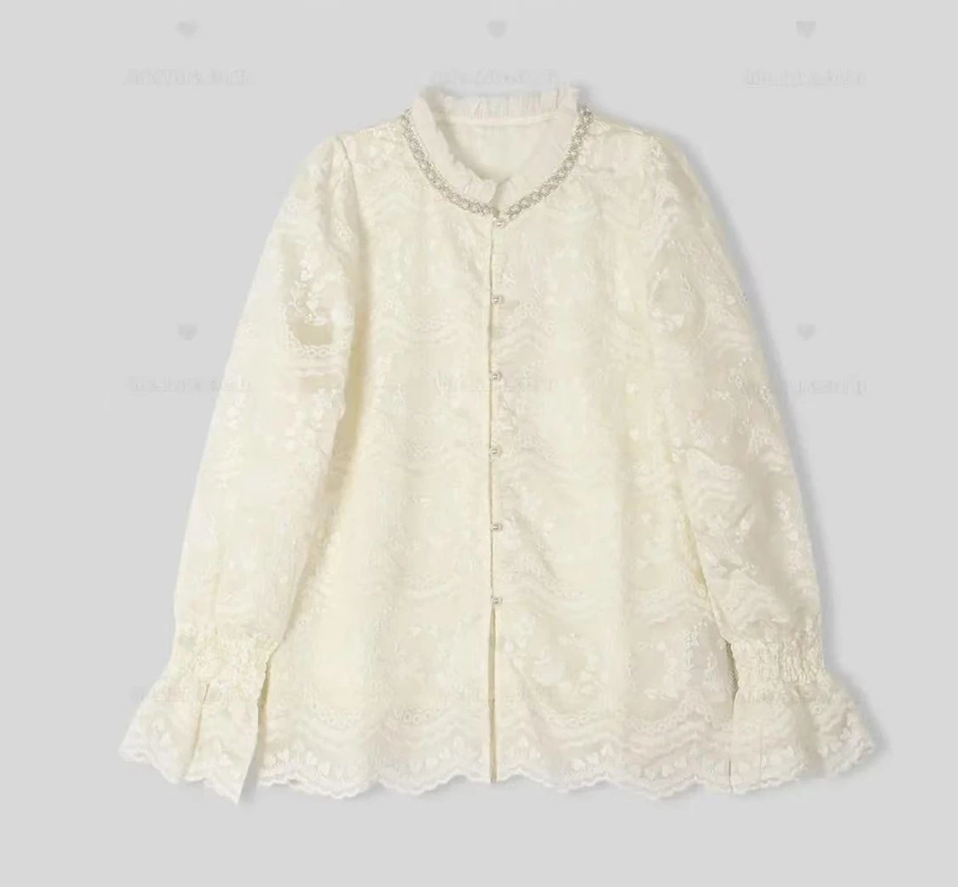 2025秋冬新款蕾丝钉珠气质显瘦百搭长袖上衣