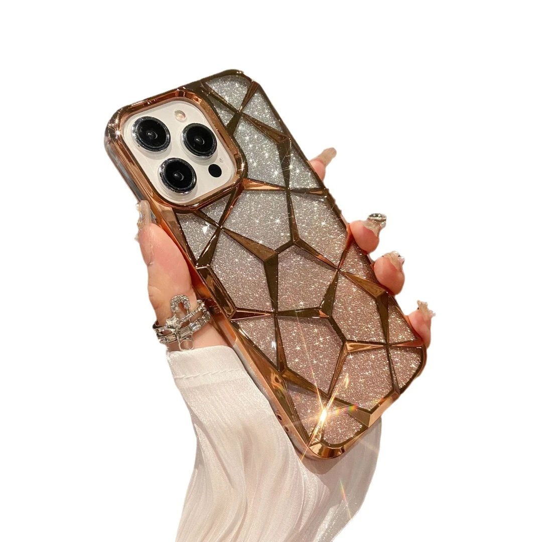 大理石纹电镀菱格闪粉新款苹果16Promax手机壳iPhone15软壳保护套