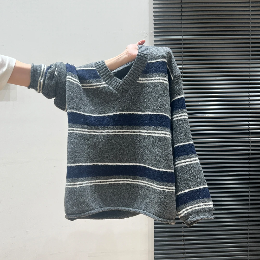 设计感撞色条纹宽松加厚毛衣打底衫女2025秋冬慵懒风外穿套头上衣