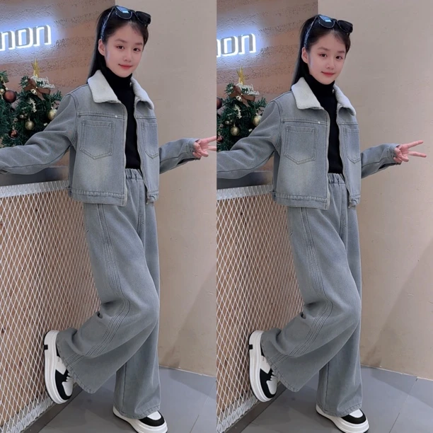 女童冬季休闲加绒牛仔套装中大童韩版时尚洋气毛领阔腿裤两件套