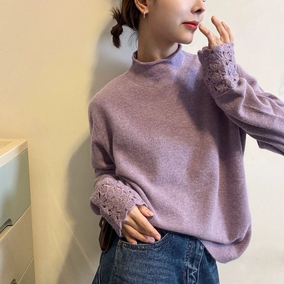 841-850苏芮新款韩系半高领卷边设计感宽松针织