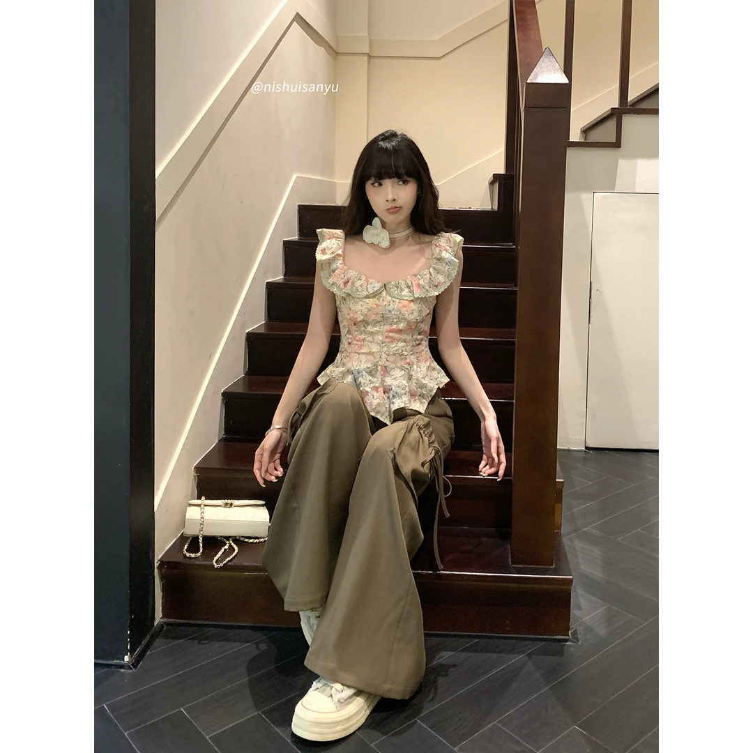 溺水三鱼【微醺花园】纯欲设计感碎花荷叶边上衣宽松阔腿裤长裤套装