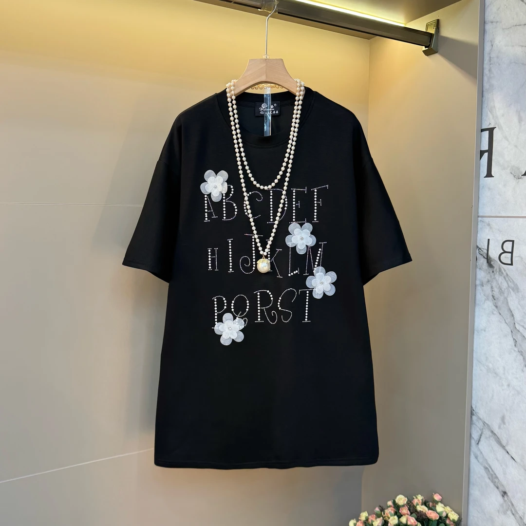 欧货重工烫钻字母圆领短袖T恤女2025夏季新款宽松美背休闲上衣潮