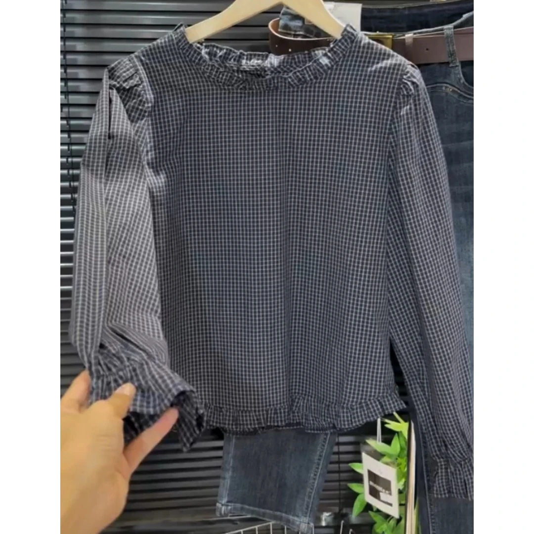 景倩妮韩系格子木耳花边学院风衬衫2025早秋新款遮肉显瘦洋气上衣