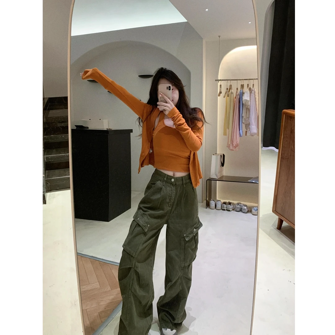 2025早秋新款韩系温柔风针织开衫内搭背心上衣女工装阔腿裤三件套