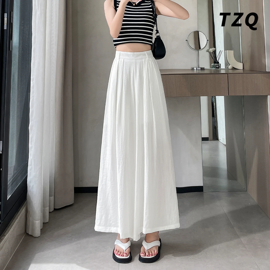 白色冰丝爆款阔腿裤女秋季2025新款百搭亚麻九分休闲裤TZQ2562701