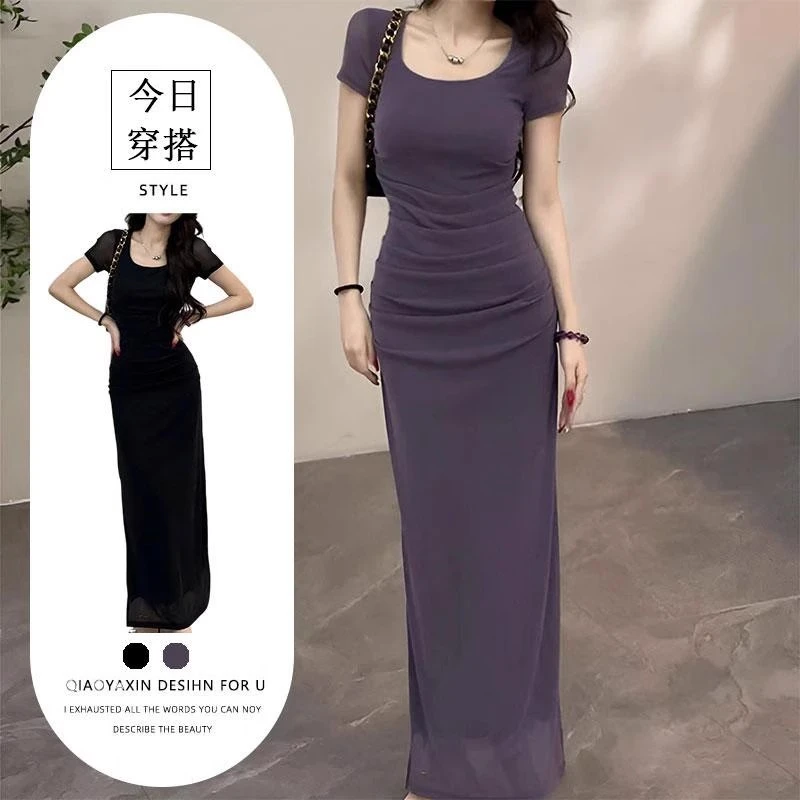 裙子高腰方领收腰开叉连衣裙夏季短袖褶皱清冷小富婆气质衣服