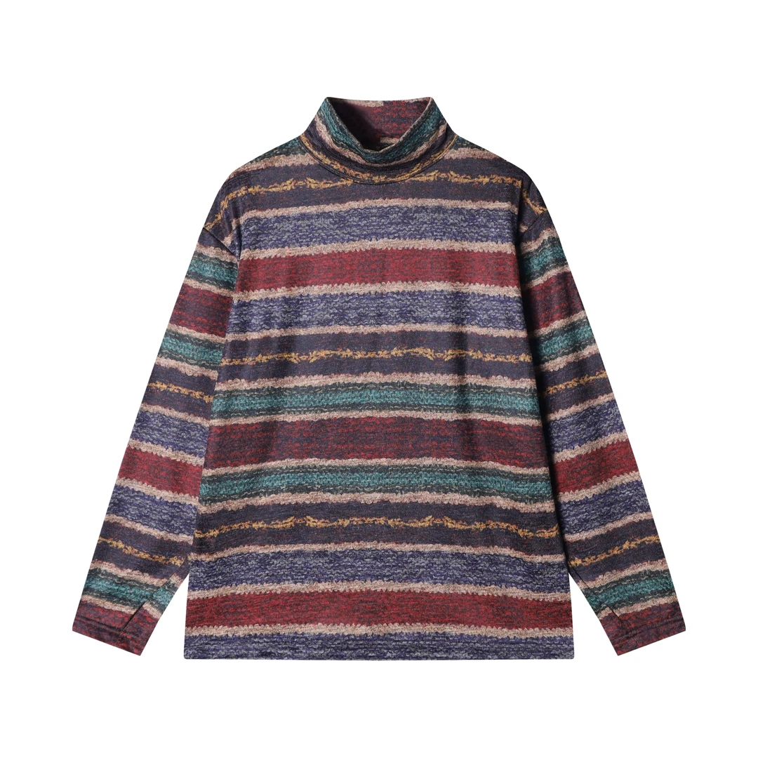 秋冬季新款时尚个性美式撞色横纹半高领长袖T恤百搭情侣套头上衣