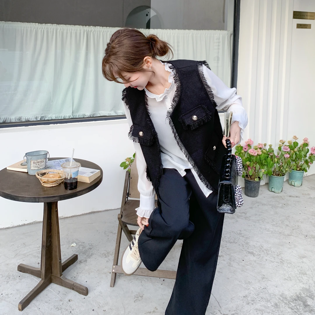 小香风黑色马甲衬衣休闲裤套装女春秋韩系穿搭三件套超火ootd穿搭