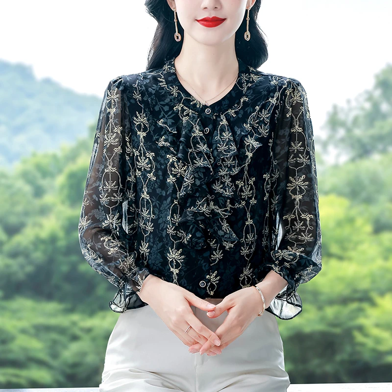 时尚设计感木耳边印花长袖雪纺衬衫秋季百搭宽松洋气中年开衫上衣