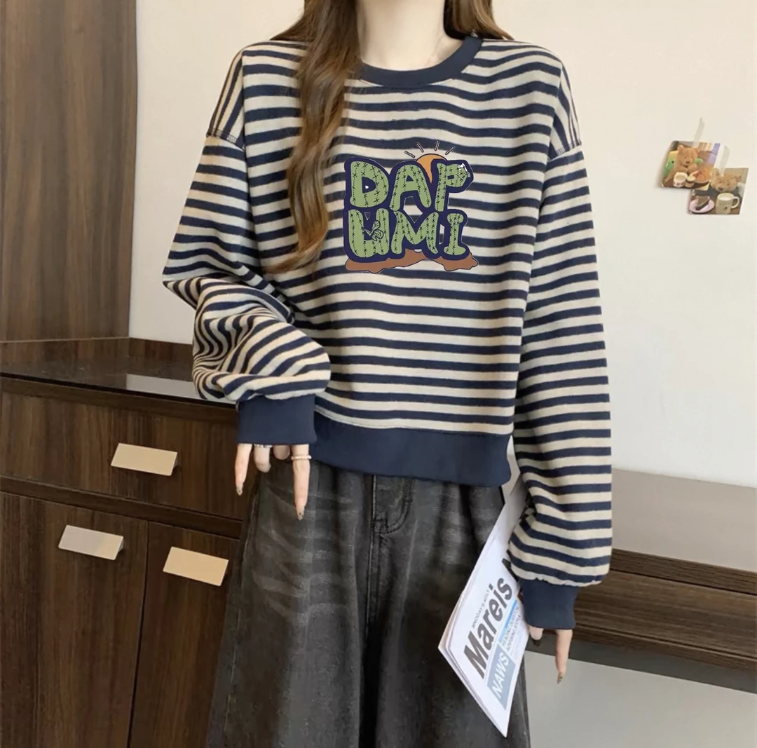 藏青色条纹长袖T恤春秋内搭T恤女慵懒风休闲宽松韩版经典打底衫女