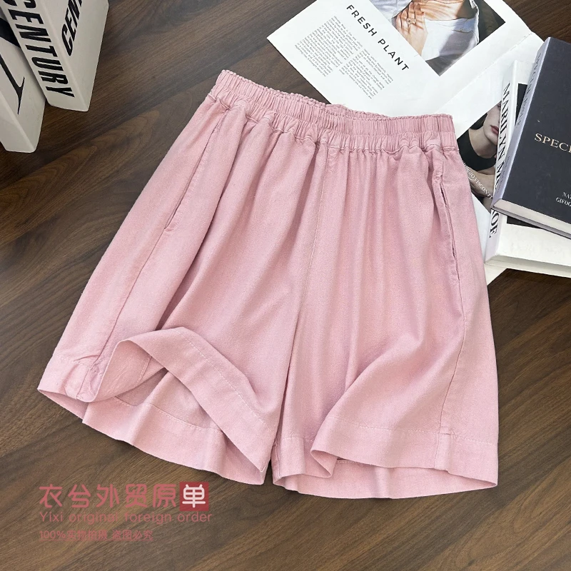 （多巴胺粉棉麻短裤）6665夏季新款韩系简约遮肉百搭松紧腰短裤D