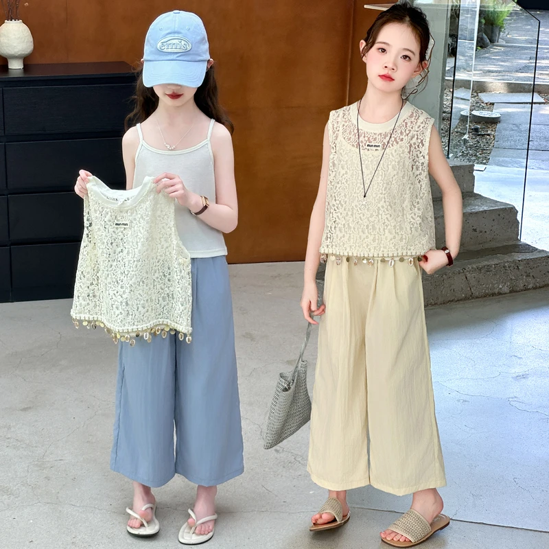 女童无袖套装夏季2025新款洋气大童网红背心夏装儿童阔腿裤三件套