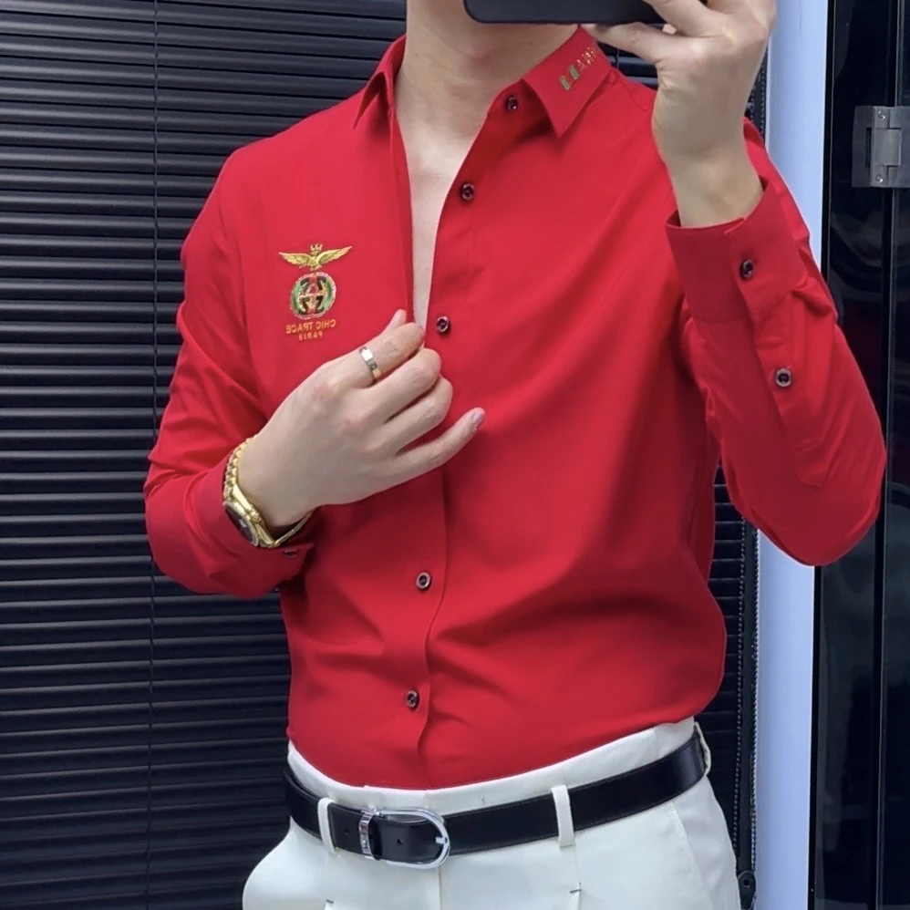 男士休闲新款红色轻奢潮流修身结婚帅气百搭时尚长袖衬衫衬衣韩版
