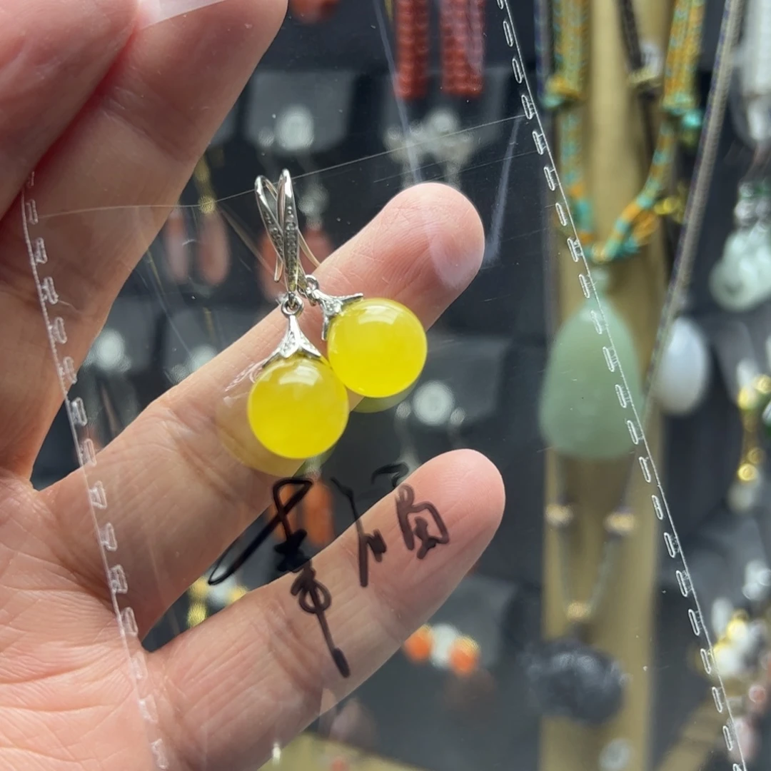 幸***球蜜蜡银S925镶嵌耳饰