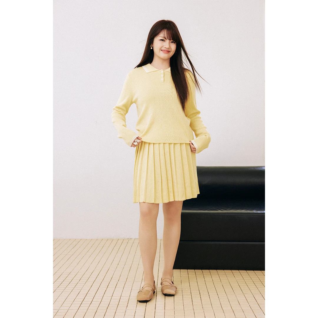 【折扣款】PLUSMALL 软心奶黄包 学院风polo衫百褶裙PM2501072AB