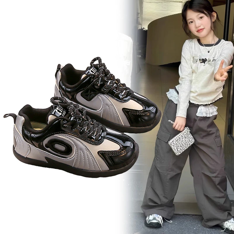 秋季百搭银色女童运动鞋薄底6-12岁潮款男童休闲鞋皮面中大童鞋